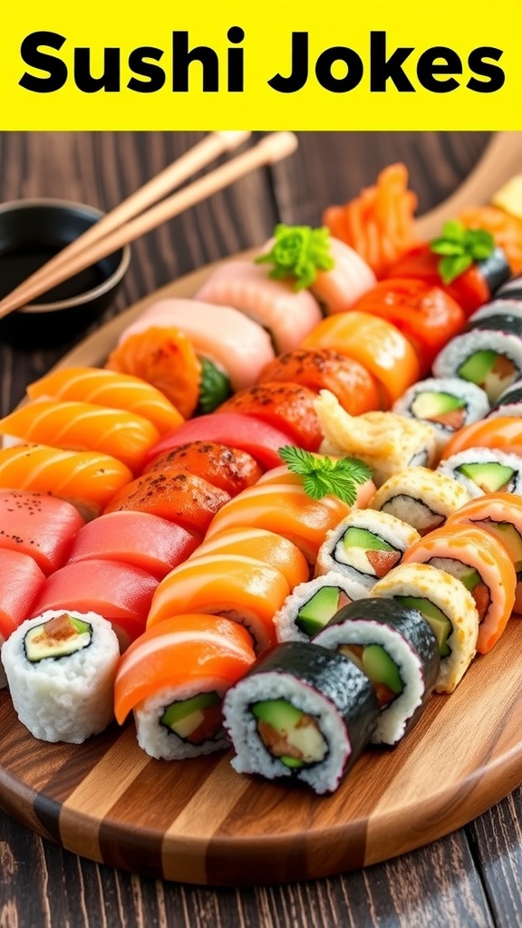 A vibrant platter of sushi rolls including nigiri, maki, and sashimi, with wasabi and pickled ginger, and chopsticks.